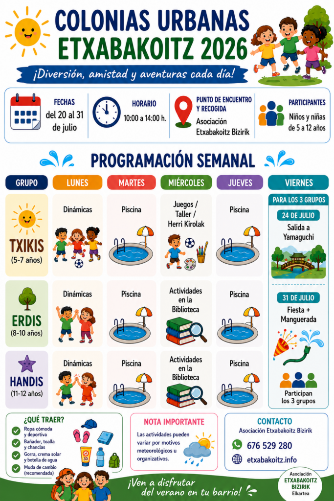 Programación semanal de las Colonias Urbanas Etxabakoitz 2026