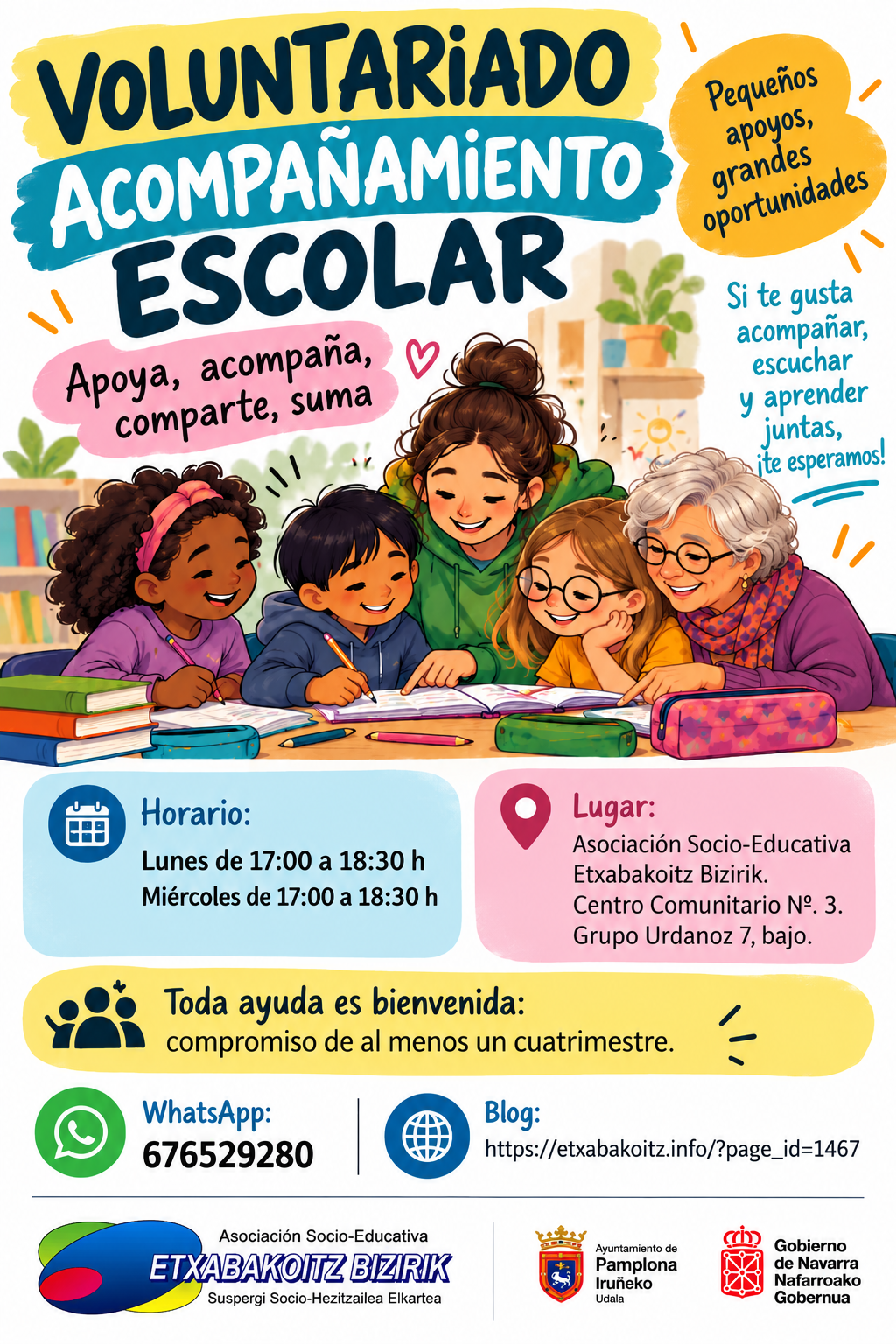 Cartel de captación de voluntariado para acompañamiento escolar de Etxabakoitz Bizirik. Participan personas jóvenes y mayores en una actividad educativa inclusiva.