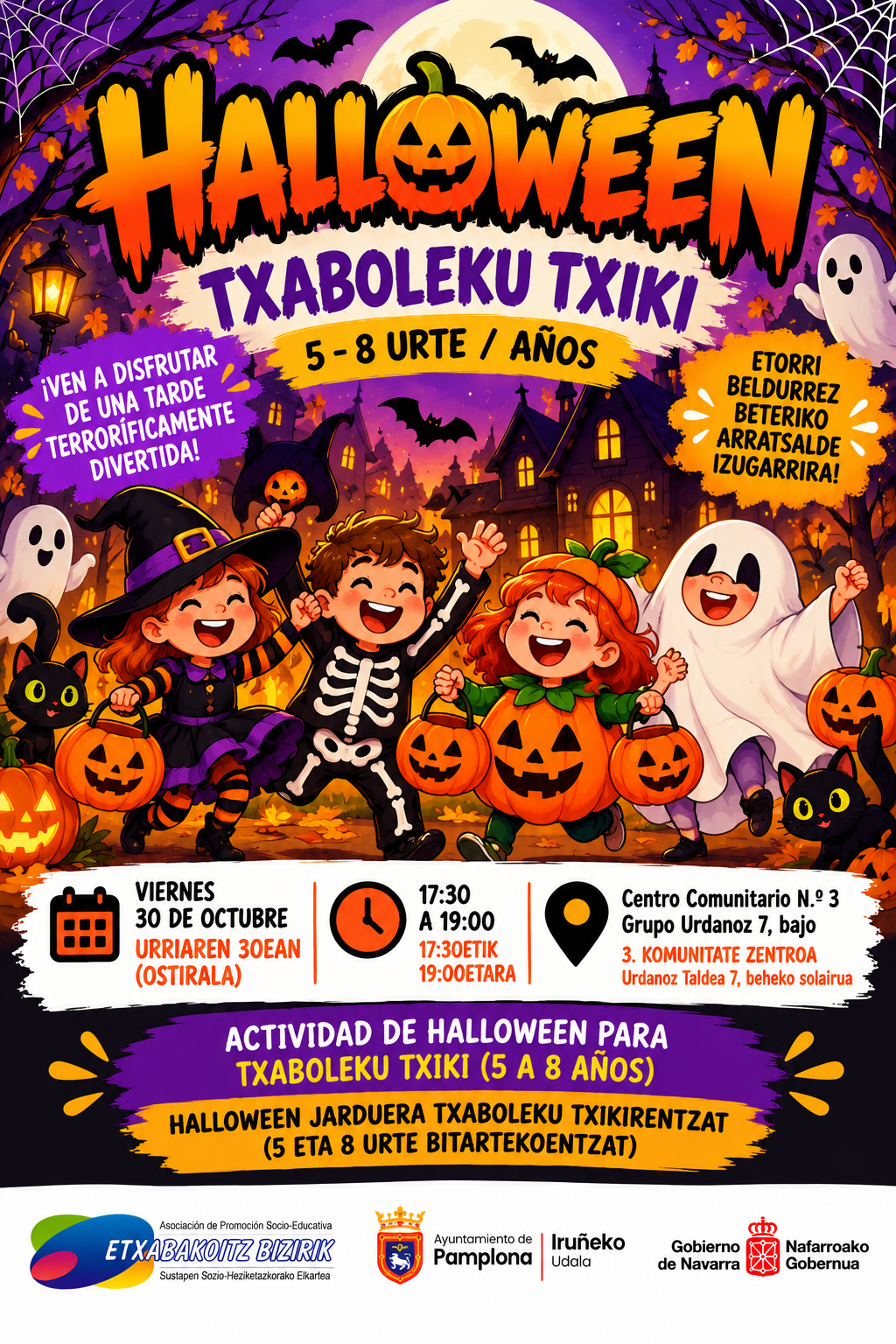 Cartel de Halloween en Txaboleku Txiki. 30 de octubre de 2026, de 17:30 a 19:00 horas, en el Centro Comunitario N.º 3. Actividad para niñas y niños de 5 a 8 años.