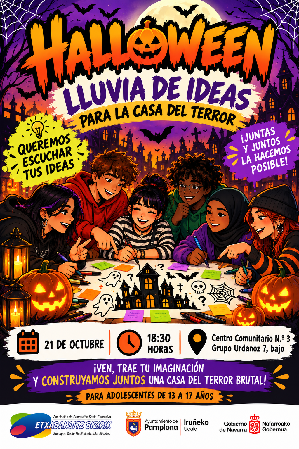 Cartel de Halloween 2026. Lluvia de ideas para la Casa del Terror. 21 de octubre a las 18:30 horas en el Centro Comunitario N.º 3, Grupo Urdanoz 7, bajo. Para adolescentes de 13 a 17 años.